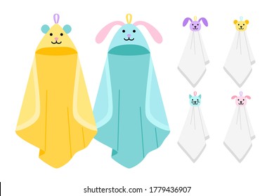 Funny animals kids towels. Childish cartoon cute hanging fabric for bath with animal faces, baby towels of cotton for spa or kitchen, childly cleaning items vector illustration