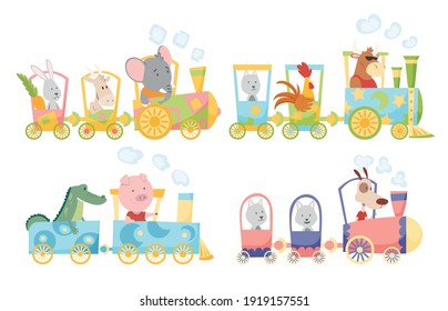 Funny animals in locomotive. Cute animals riding a colorful train. Little rabbit, dog, goat, wolf, crocodile, bull, cock, pig, elephant ride on a toy locomotive