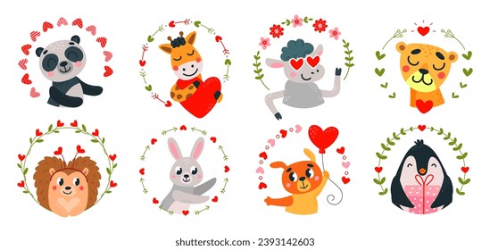 Funny animals in love frames. Cartoon romantic animal with hearts. Cute panda and bunny, sheep and giraffe. Valentines day classy vector characters