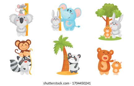 Funny Animals Measuring and Comparing Heights Vector Set