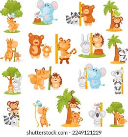 Funny Animals Measuring and Comparing Heights with Meter and Tree Big Vector Set