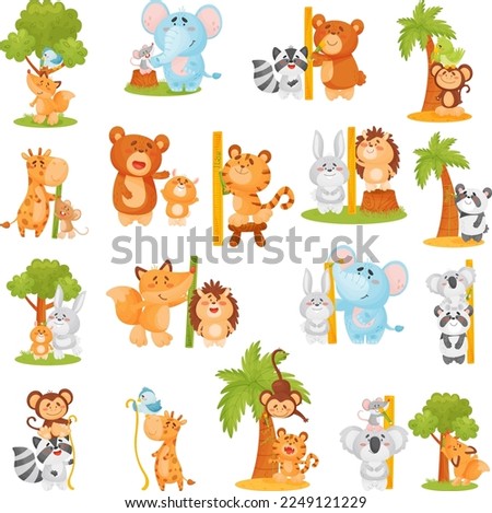 Funny Animals Measuring and Comparing Heights with Meter and Tree Big Vector Set