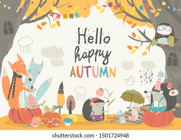 Funny animals meeting autumn in the forest