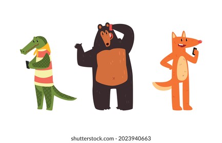 Funny Animals with Modern Gadgets Set, Crocodile, Bear, Red Fox Using Smartphones Cartoon Vector Illustration