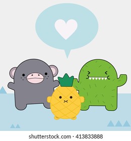 Funny animals monsters Vector flat illustrations. Little yellow pineapple, gray monkey and green cactus.