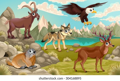 Funny animals in a mountain landscape. Vector cartoon illustration