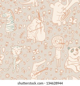 Funny animals musicians in vintage style. Bear, leopard, lion, elk, crocodile, elephant and zebra. Seamless pattern can be used for wallpaper, pattern fills, web page backgrounds, surface textures.