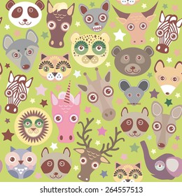 Funny animals muzzle seamless pattern, Green background with stars. Vector