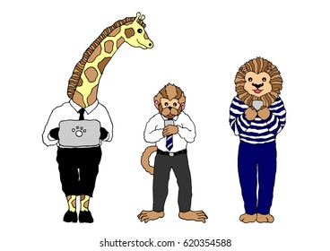 funny animals office man play mobile, set of team, vector illustration design hand drawn