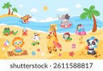 Funny animals on beach. Cute animal character on summer holiday near sea. Mammal and bird relaxing, swimming, sunbathing. Season vacation banner. Vector fauna poster.