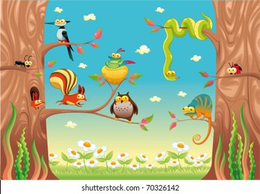 Funny animals on branches. Cartoon and vector scene, isolated objects.