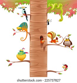 Funny animals on branches with white background. Cartoon and vector scene, isolated object. 