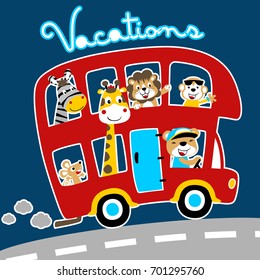 Funny animals on the bus, vacations time, vector cartoon illustration