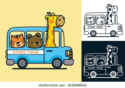 Funny animals on bus. Vector cartoon illustration in flat icon style