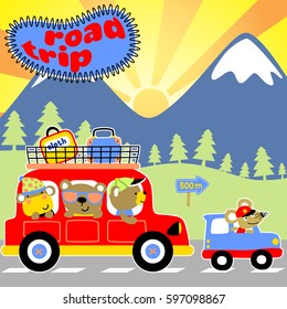Funny animals on car, road trip vacation, mountain scene on sunrise background, vector cartoon illustration