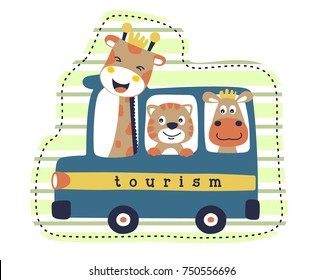 funny animals on car, vector cartoon illustration