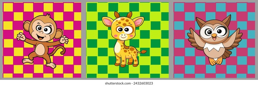 Animales divertidos en fondos de cuadros multicolores. Búho, jirafa y mono. Tabla de ajedrez. Gráficos vectoriales.