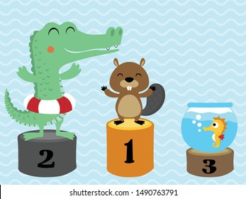 Funny animals on ranking podium, swimmer animals championship on water ripples background 