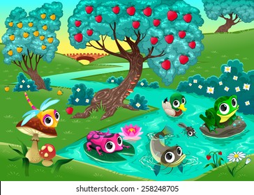 Funny animals on a river in the wood. Cartoon vector illustration.