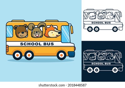 Funny animals on school bus. Vector cartoon illustration in flat icon style