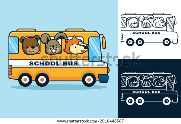 Funny animals on school bus. Vector cartoon\
illustration in flat icon\
style