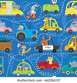 Funny animals on transport. Kids cartoon. Seamless pattern. Vector illustration