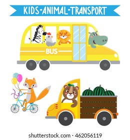 Funny animals on transport. Lion, zebra, bird, hippo, fox, bear. Vector illustration on white background.  Kids cartoon.
