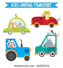 Funny animals on transport. Monkey, leopard, rhino, dog. Vector illustration on white background.  Kids cartoon.