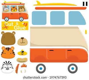 Funny animals on van. Education paper game. Cutout and gluing. Vector cartoon illustration