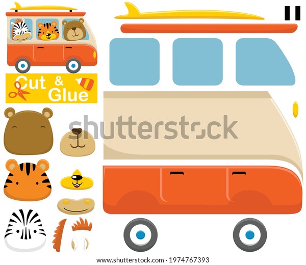 Funny animals on van.\
Education paper game for children. Cutout and gluing. Vector\
cartoon illustration