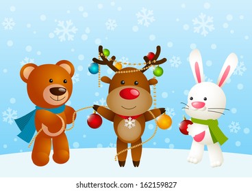 Funny animals on winter background