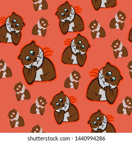 funny animals otter confused, beaver puzzled, orange background perplexed, nervous, restless, uneasy pet cute seamless pattern