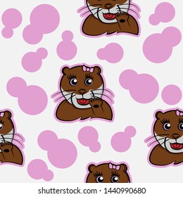 funny animals otter say hello and hand sign language pet cute seamless pattern with pink white background beaver