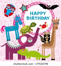 Funny animals party card design on a pink floral background. vector