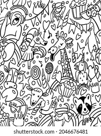 Funny animals in party coloring . Black outline. Vector illustration.