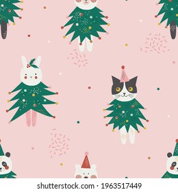 Funny animals in party costume of Christmas tree vector seamless pattern. Holly Bunny Cat Bear Panda wear Xmas pine suit background. Seasonal winter holidays animalistic print design 