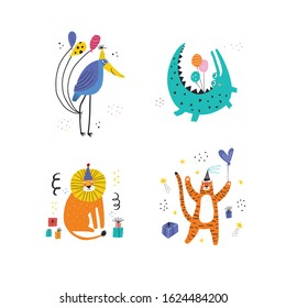 Funny animals at party vector illustrations set