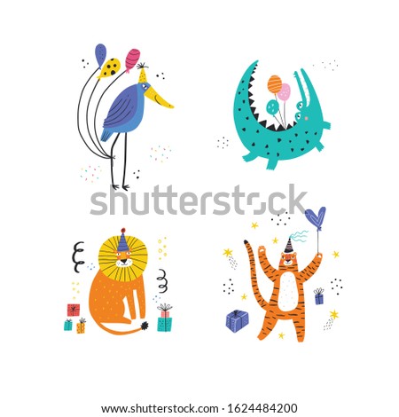 Funny animals at party vector illustrations set