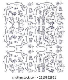 Funny animals pattern. Lots of hand-drawn illustrations with a graphics tablet. In the style of a child's drawing.