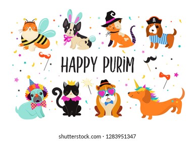 Animales divertidos, mascotas. Perros y gatos con coloridos disfraces de carnaval, ilustración vectorial, banner de Happy Purim