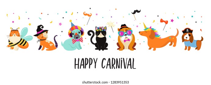 Funny animals, pets. Cute dogs and cats with a colorful carnival costumes, vector illustration