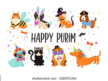 Funny animals, pets. Cute dogs and cats with a colorful carnival costumes, vector illustration. Happy Purim banner