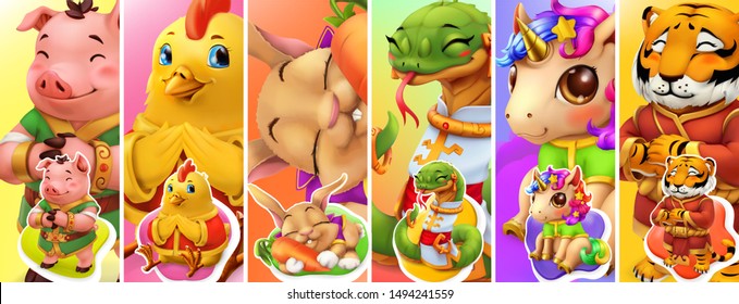 Funny animals. Pig, chicken, rabbit, snake, unicorn, tiger. 3d vector background