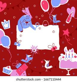 Funny animals play with soap bubbles. Hand drawn greeting card template. Party items flat vector illustrations. Sibling birthday postcard design. Background for text.