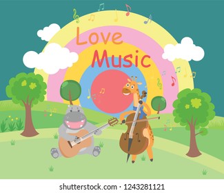 funny animals playing music in the garden, cartoon kids music book 