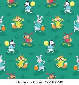 Funny animals playing on the grass. Seamless pattern. Kids decoration