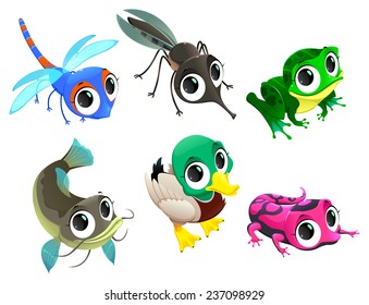 Funny animals of pond. Cartoon vector isolated characters.