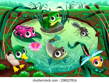 Funny animals in the pond. Cartoon vector illustrations.