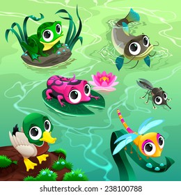 Funny animals in the pond. Cartoon vector illustrations.