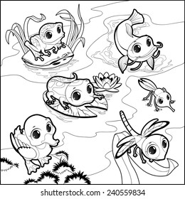 Animales divertidos en el estanque. Ilustración vectorial de dibujos animados en blanco y negro.